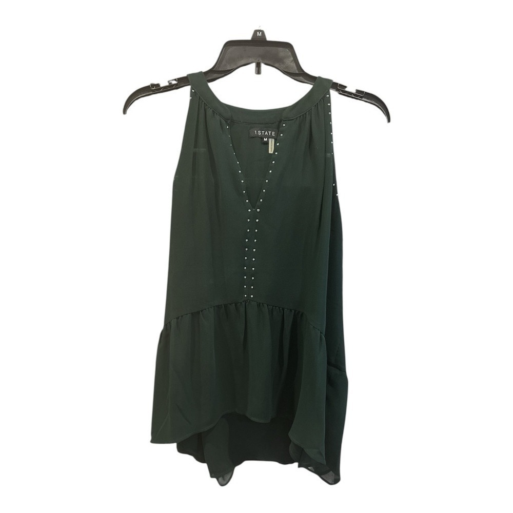 1.STATE Peplum Top Women M‎ Green Excellent Studded V-Neck Sleeveless Chiffon